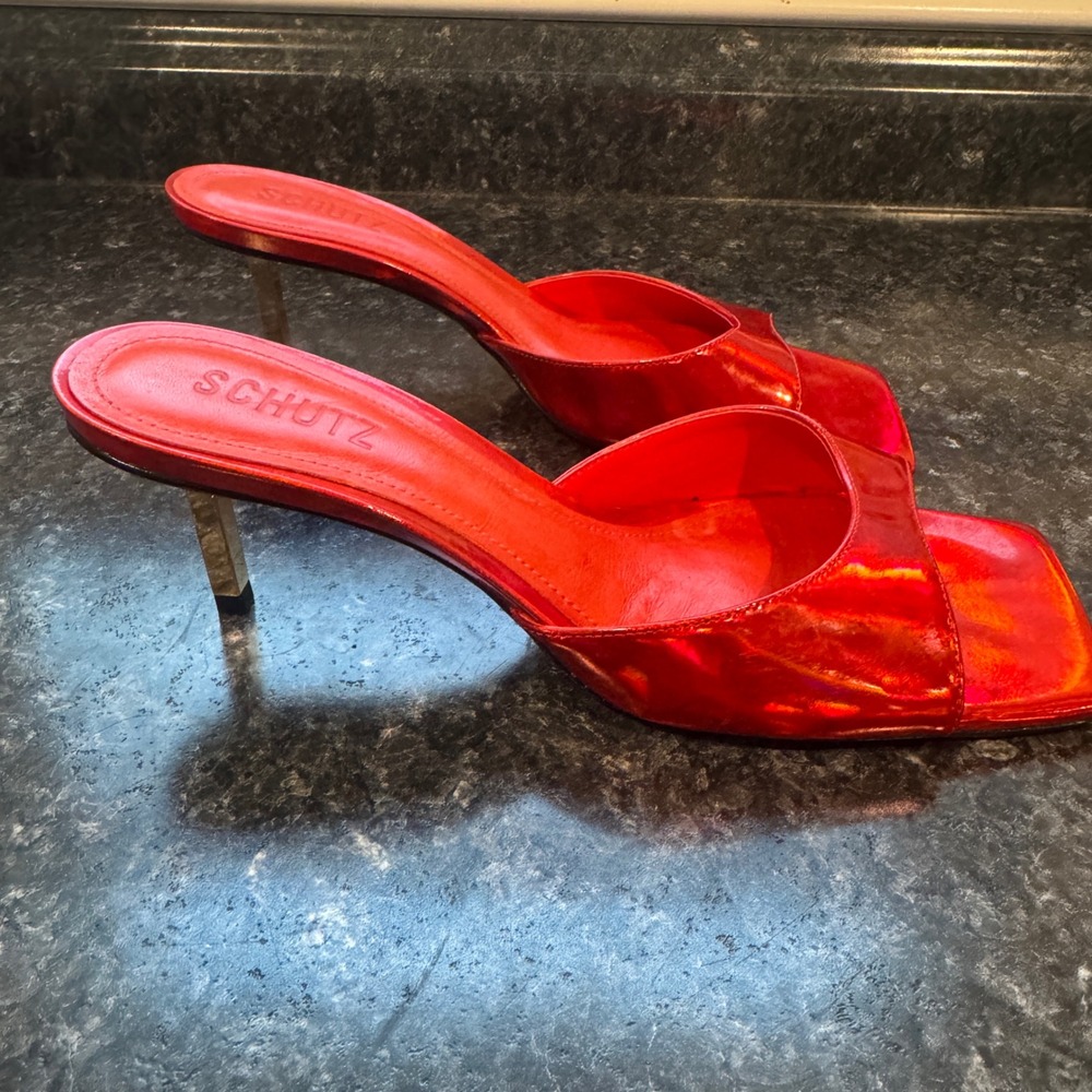 Schutz Red Metallic Leather Square Toe Mule Gold Stiletto‎ Heel Sandals 7.5B - Picture 5 of 9
